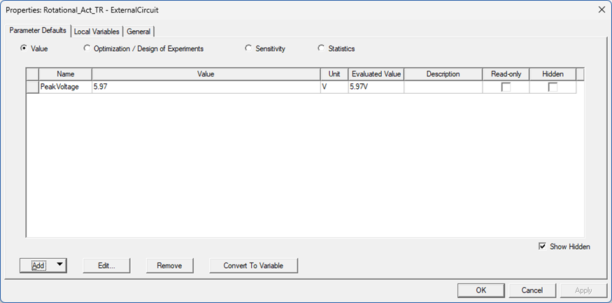 Parameter Defaults tab visible in the Properties window