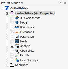 Project Manager window showing a Maxwell 3D Design project tree.