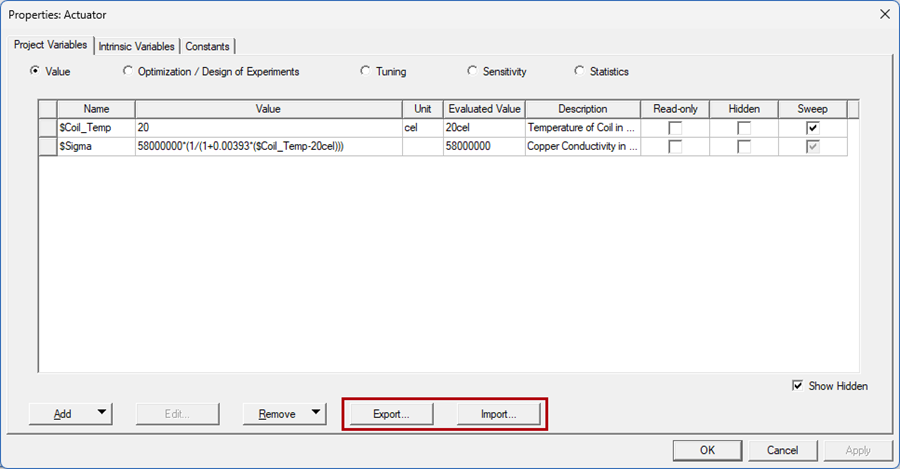 Properties window, Project Variables tab with the Import and Export functions highlighted