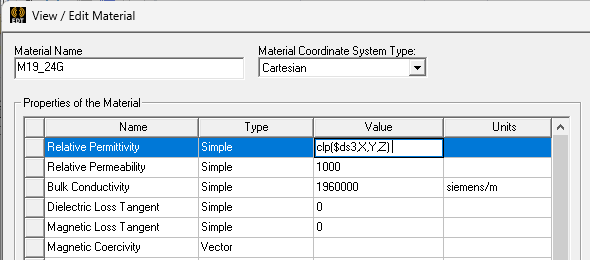 View/Edit Material window. Properties of Material list, Relative Permitivity selected, value filled in. 