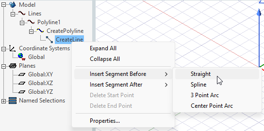 Shortcut menu. Insert Segment Before option expanded. Straight option highlighted.
