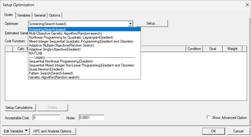 Setup Optimization window. Optimizer selection drop-down menu open.