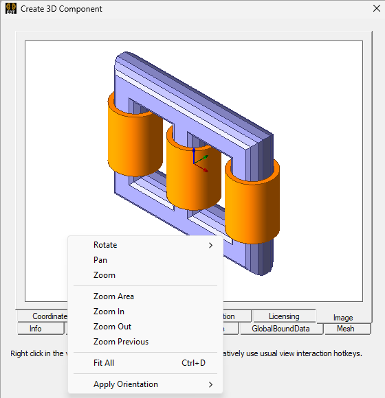 Create 3D Component dialog. Image tab displaying model and right-click menu. Zoom in highlighted.