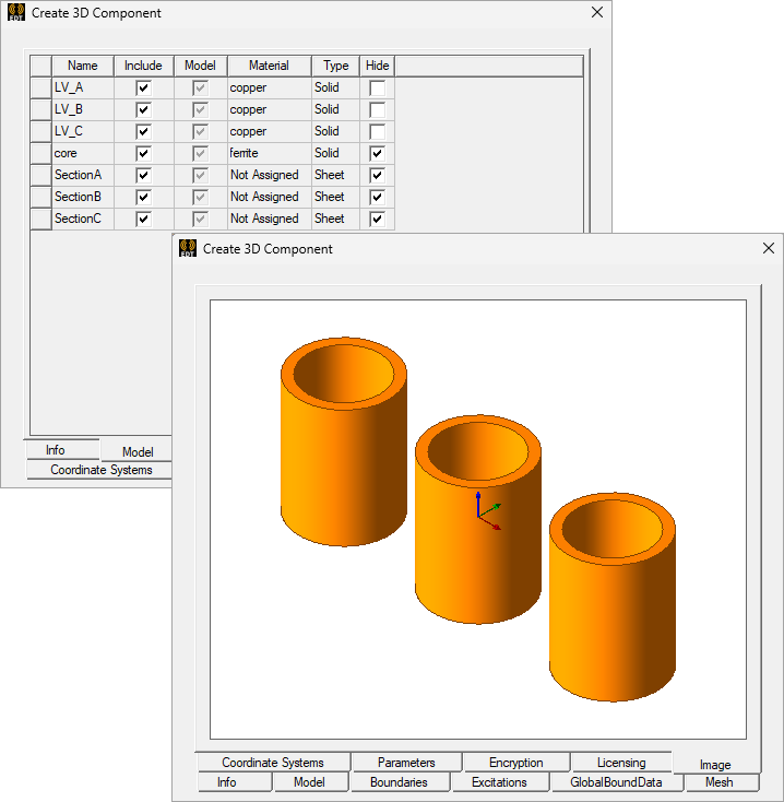 Create 3D Component dialog, Hide option enabled. Image tab displaying model.