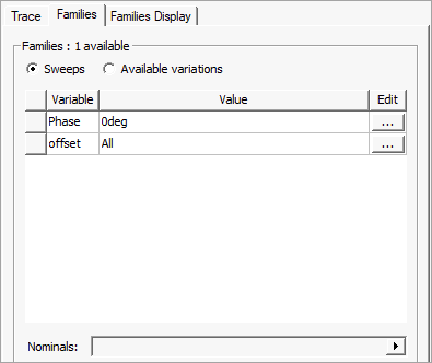Families tab, Sweeps option enabled.