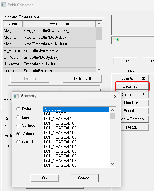 Geometry dialog, Volume option selected.