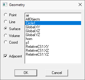 Geometry dialog, Surface option selected.