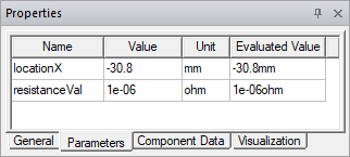 Properties window. Parameters tab.