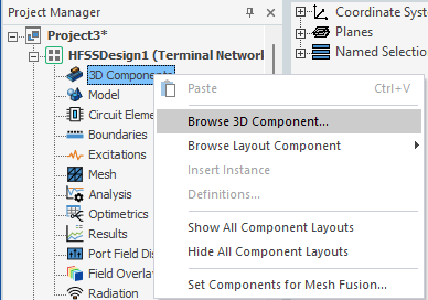 3D Components right-click menu. Browse 3D Component option highlighted.