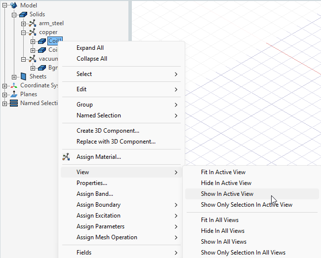 Shortcut menu, View submenu expanded, Show In Active View option highlighted.