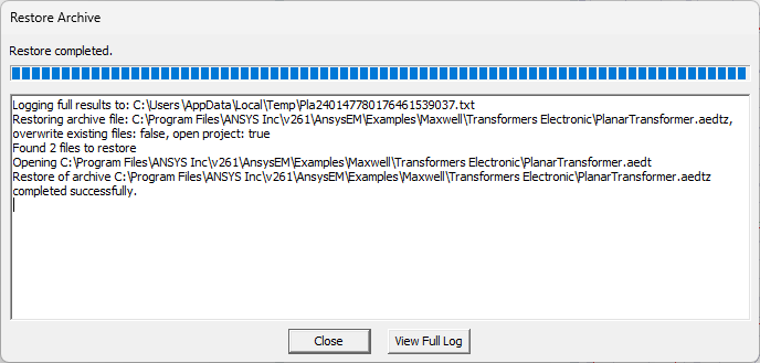 Restore Archive Progress Window
