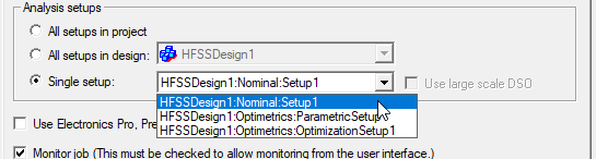 Analysis Setups group box. Single Setup option enabled, drop-down setup selection menu.