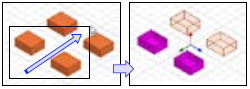 Rubber band fully enclosing two indivudual objects and only partially enclosing two other individual objects. Only the Full enclosed objects are selected.