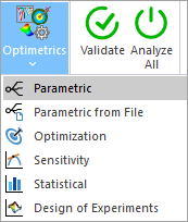 Optimetrics drop-down menu. Parametric selected.