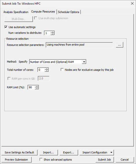 Submit Job To dialog box, Compute Resources tab, use automatic settings enabled.