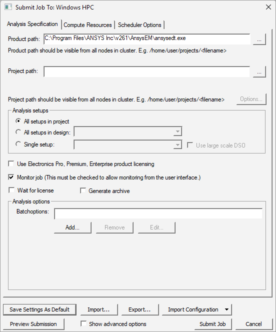Submit Job to: Windows HPC window. Product path specified. 