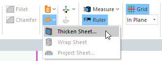 Sheet drop down menu, Thicken sheet option highlighted.