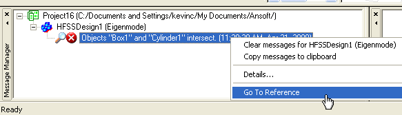 Messages manager panel. Shortcut menu, Go To Reference option highlighted.