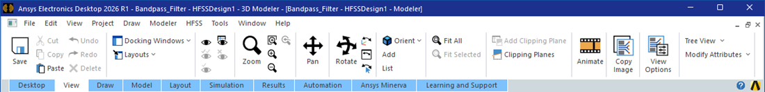 Main application ribbon with View tab depressed showing the selection options specific to HFSS.