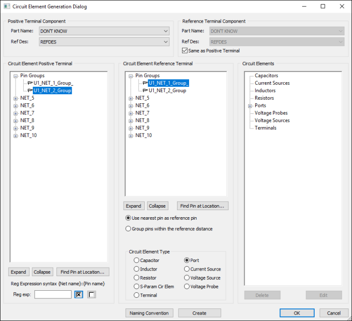 Circuit Element Generation Dialog