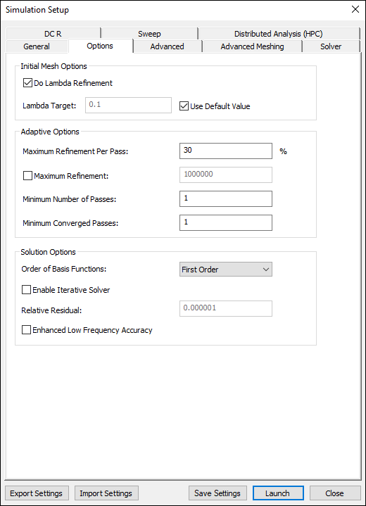 HFSS Options Tab