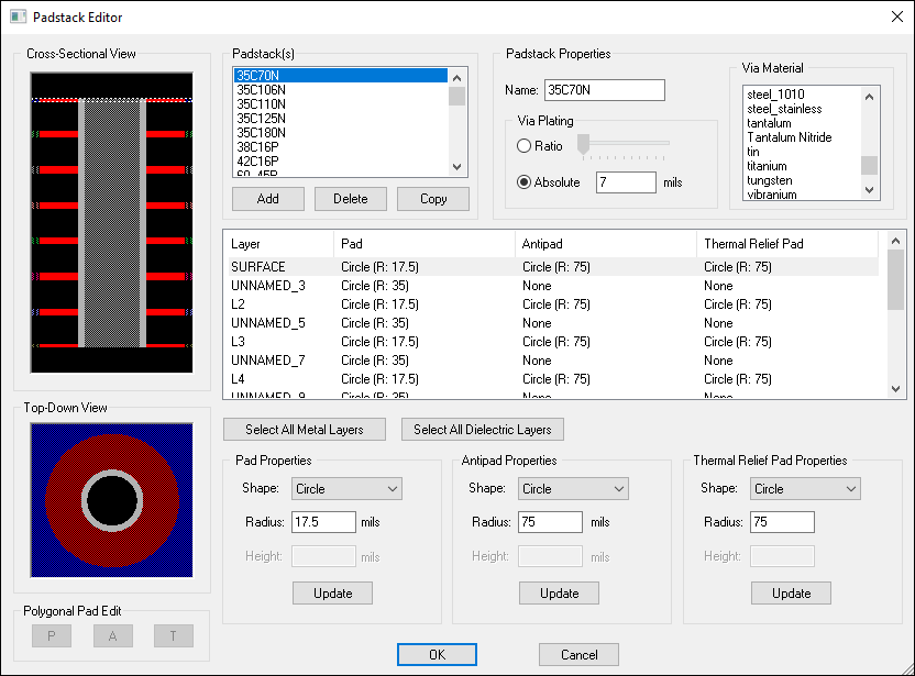 Padstack Editor window