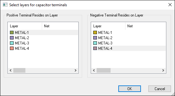 Select layers for capacitor terminals window