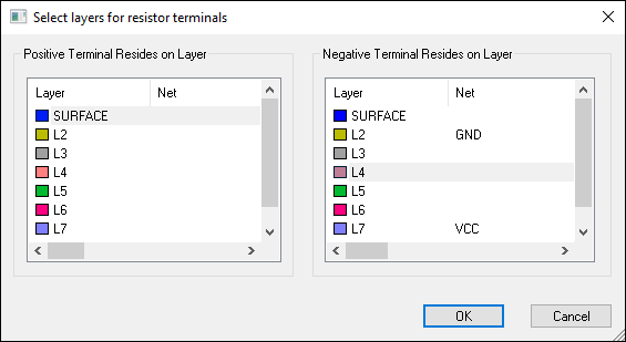 Select Layers for Resistor Terminals window