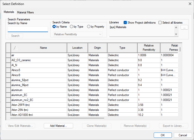 Select Definition Window - Materials