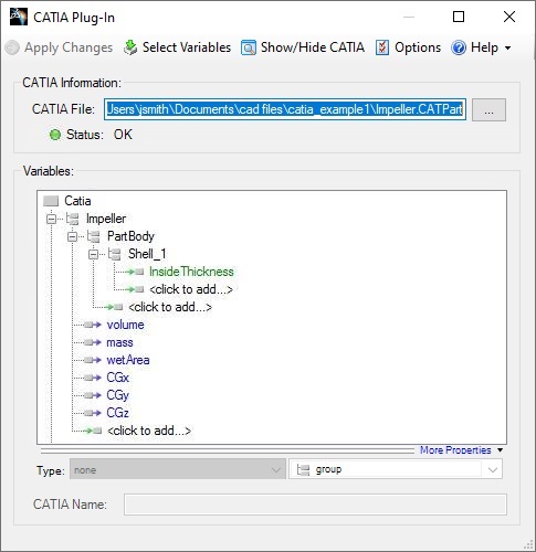 The CATIA Plug-In showing all the selected variables.