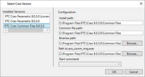 The Configuration settings are updated after selecting a new version of Creo to use.