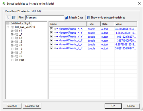 A view of the variables filtered on the word Moment