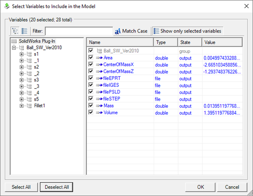 The variable list after Show only select variables is clicked.