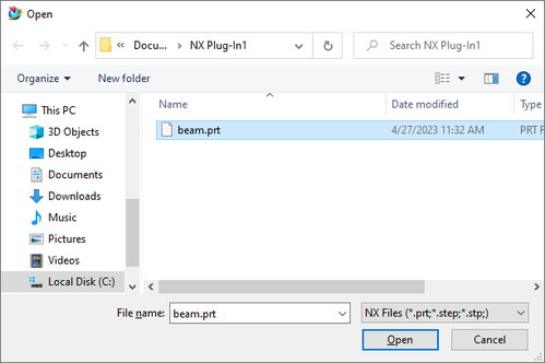 Navigate to the beam.prt example file.