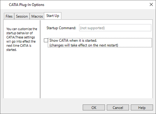 The Start Up tab in the CAD options.