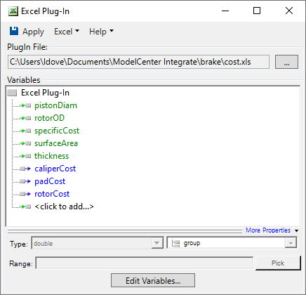 The Excel Plug-In showing selected variables.