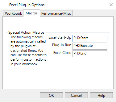 The options in the Macros tab allow you to see and rename the macros used by the Excel Plug-In.