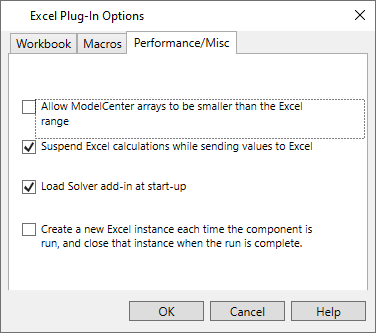 The options in the Performance/Misc tab allow you to enable or disable other settings for the Excel Plug-In.