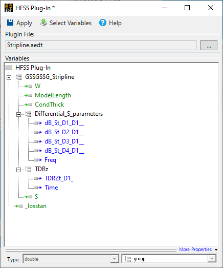 The HFSS Plug-In showing its exposed variables.