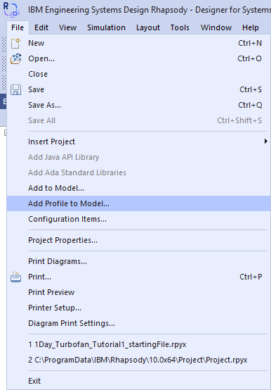In the Rhapsody File menu, select the Add Profile to Model option.