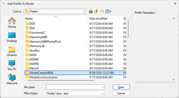 Select the ModelCenterMBSE entry and click the Open button.