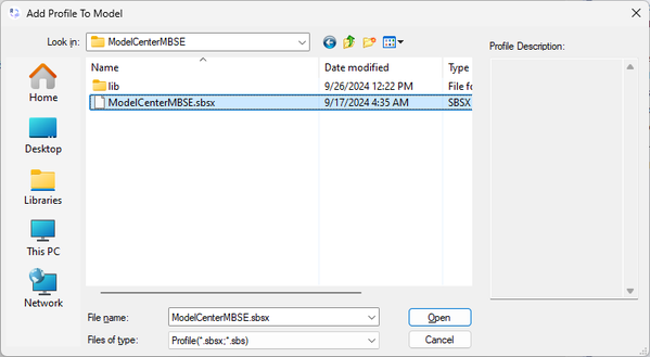 Select the ModelCenterMBSE.sbsx file and click the Open button.