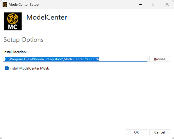 Set a custom install location by clicking the Options button and entering the location in the field.