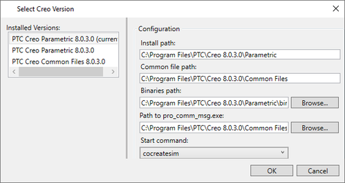 A dialog to configure PTC CAD, including which version of Creo to use and various file path locations.
