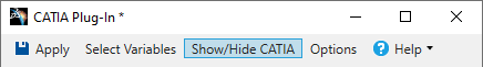 The Show/Hide CATIA button on the CATIA Plug-In can be used to show or hide the CAD tools. 
