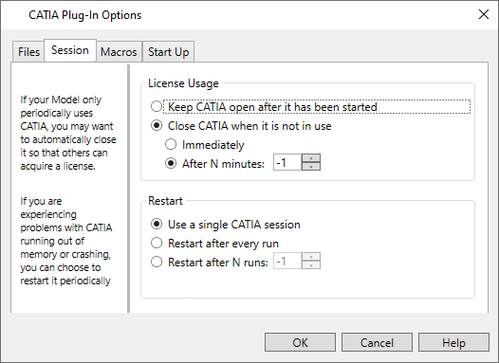 The Session tab in the CAD options.