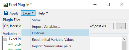 The Options tab is opened through the Excel menu in the Plug-In.