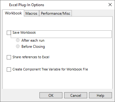 The options in the Workbook tab configure how the Excel Plug-In handles workbook-level tasks.
