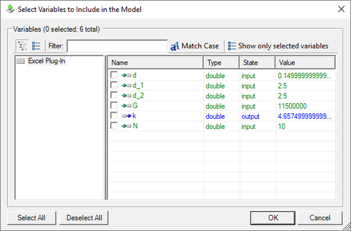 The Excel Plug-In extracts all variables and ranges from the file and displays them. Select the check box to choose a variable.