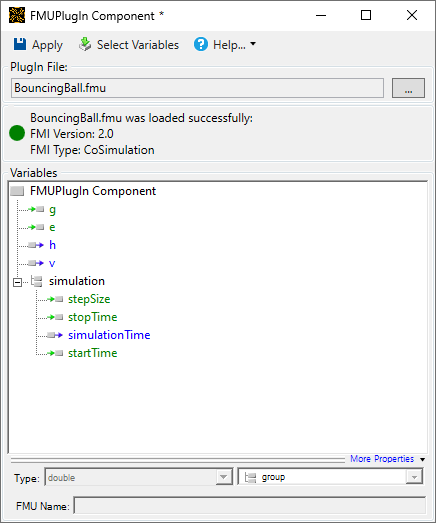 The FMU Plug-In showing some loaded variables.